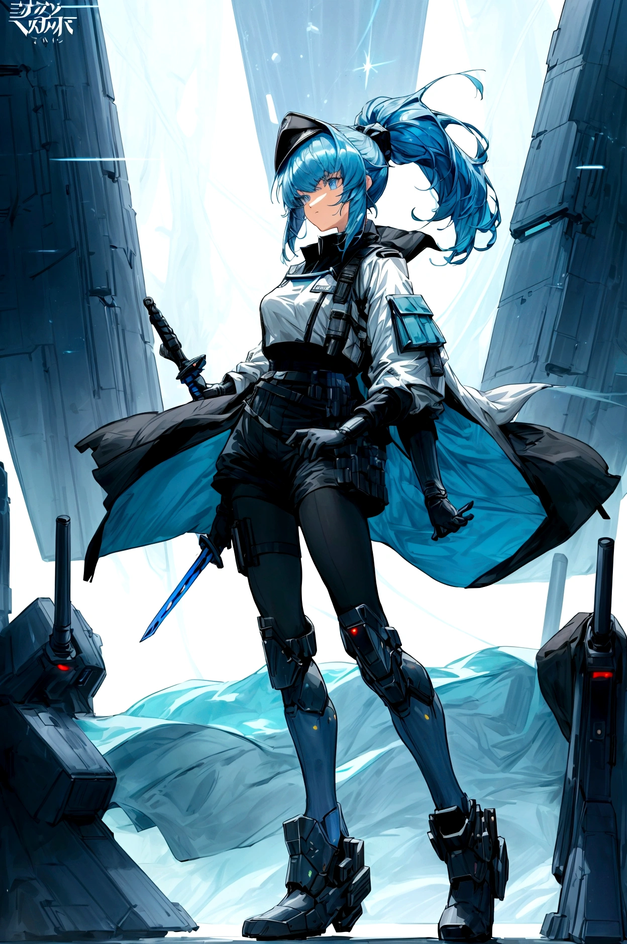 ((science fiction space fantasy)), A badass tall woman, an art of a female character standing amidst a galactic battlefront, (A female commander), ((a leader of a fleet of intergalactic armies)), White high ponytail with a glowing light blue highlights at the ends, Wielding a sword with deep blue aura, the mystical blade in her hand emitting a bright contrast blue light with a ray of energy, a futuristic intergalactic military uniform, Wearing Black shorts exposing the thighs, with a captain hat, a long simple dark boots. A masterpiece illustration, a light novel cover, best quality, best detail(Light novel illustrations), Arknights style, masterpiece, high quality, detailed.