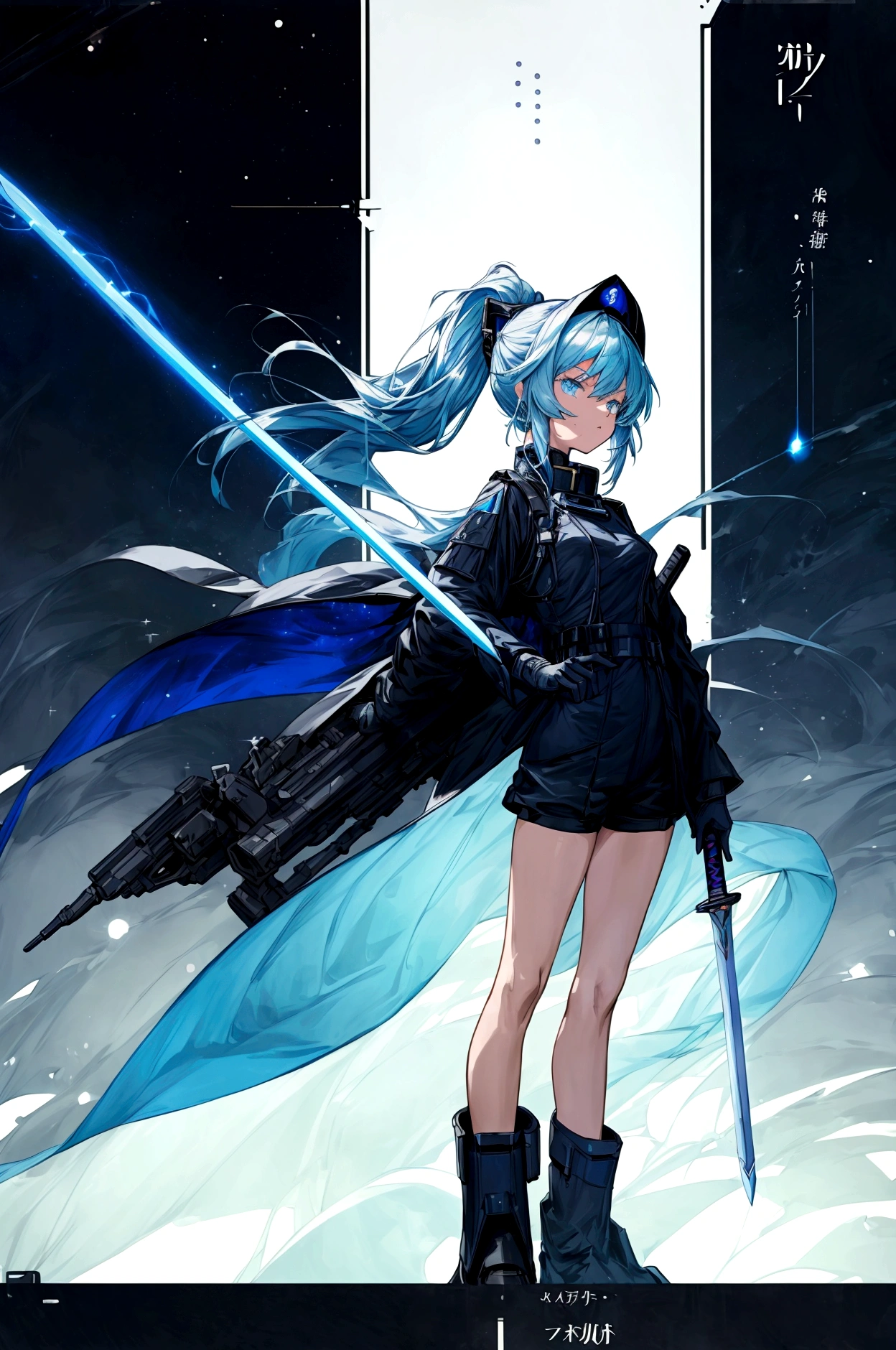 ((science fiction space fantasy)), A badass tall woman, an art of a female character standing amidst a galactic battlefront, (A female commander), ((a leader of a fleet of intergalactic armies)), White high ponytail with a glowing light blue highlights at the ends, Wielding a sword with deep blue aura, the mystical blade in her hand emitting a bright contrast blue light with a ray of energy, a futuristic intergalactic military uniform, Wearing Black shorts exposing the thighs, with a captain hat, a long simple dark boots. A masterpiece illustration, a light novel cover, best quality, best detail(Light novel illustrations), Arknights style, masterpiece, high quality, detailed.