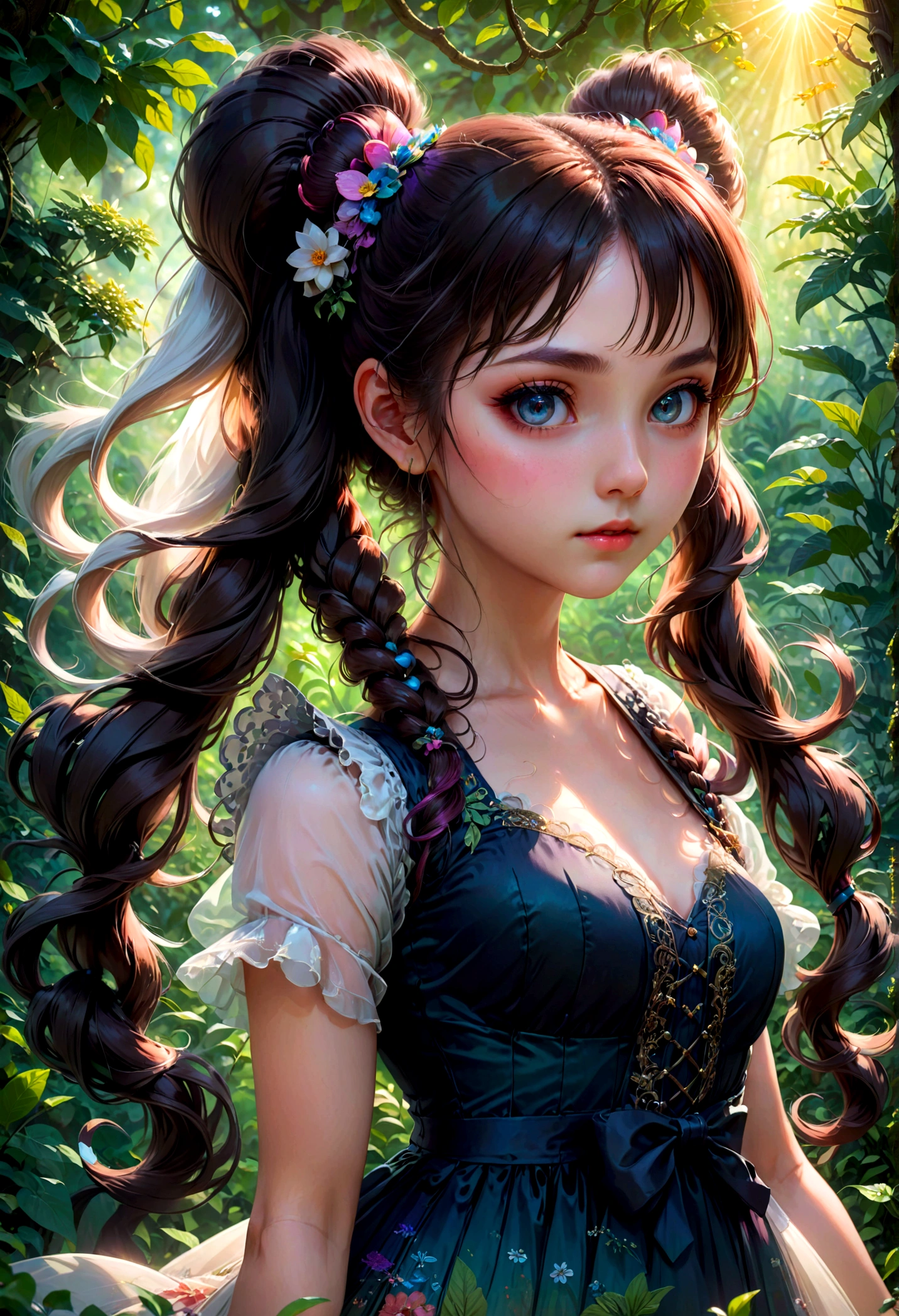 1girl, Twin Tails, A beautiful young girl with twin tails hairstyle, extremely detailed eyes and face, longeyes, flowing hair, intricate dress, delicate features, serene expression, standing in a lush garden, sunlight filtering through the trees, vibrant colors, warm lighting, (4k,8k,highres:1.2), ultra-detailed, portrait, fantasy, masterpiece, best quality, very aesthetic, absurdres