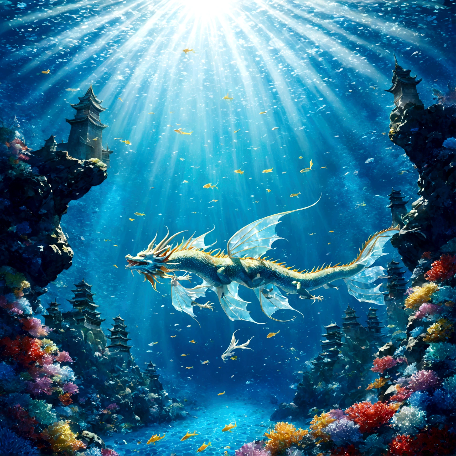 It was crystal clear everywhere.、Bottom of the Blue Sea。Sunlight shines in、Under the sparkling water、クリスタルのように透き通るDragon Palaceが静かに佇んでいる。The wall、巨大なcrystalでできており、The interior is visible through the glass。Around the castle、光を反射して輝くfishたちが優雅に泳ぎ、Creates a fantastic atmosphere。beautifulファンタジーの世界, Japan folktales, Dragon Palace, seabed, crystal, fish, transparent, mysterious, beautiful