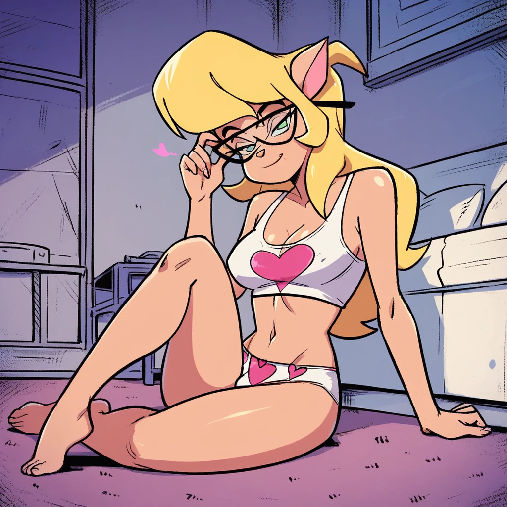Callie briggs, indoors, bedroom, looking at viewer, front view, sitting, legs, cream tank top, midriff, dizzy expression, barefoot, white  with pink hearts, heart print pantiesng on floor, seeing stars, glasses tilted, cartoony expression