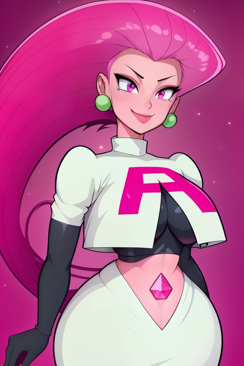 pnkdamond, pink hair, pink eyes, long hair, stomach gem, pink skin, toned,
puffy short sleeves, elbow gloves , white thighs, Puffy dress,
standing, Upper part of the body,
outer space,
(incredibly detailed, beautiful detailed face,Beautiful detailed eyes, Masterpiece, Best Quality) cinematic lighting, SMILE,