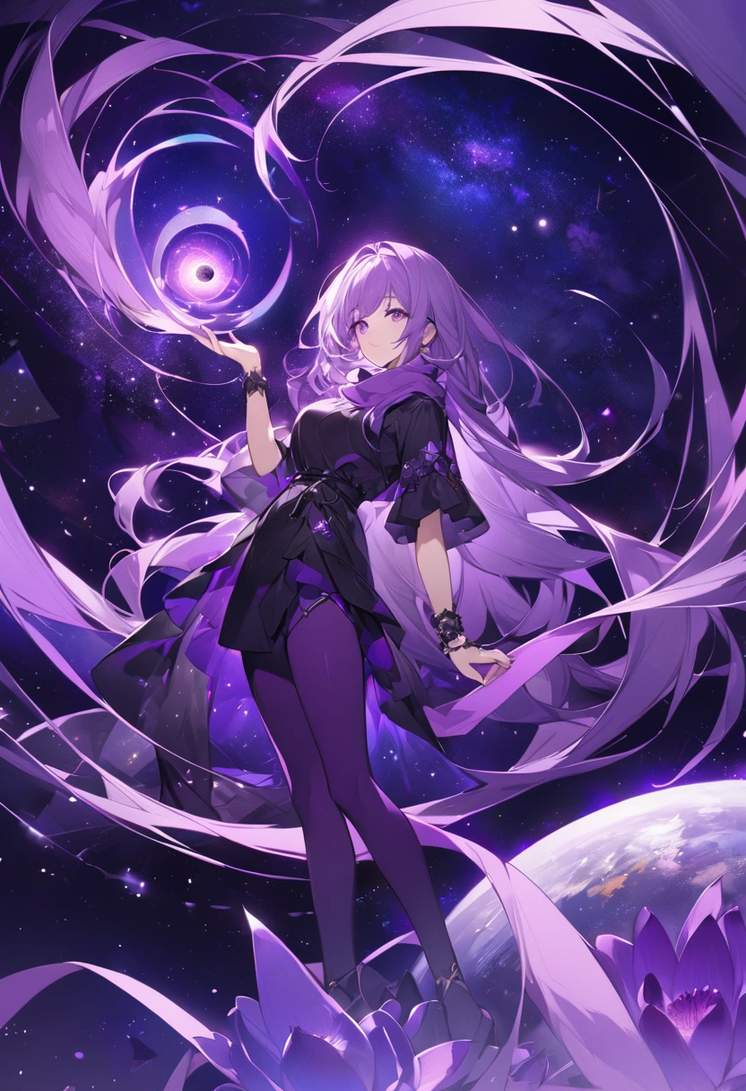 Extra long purple hair,Purple Eyed Woman,She has a great figure in a black and purple tights,A purple scarf on the wrist,And holding a purple lotus and a purple-black hole,The background is purple, the universe and the starry sky