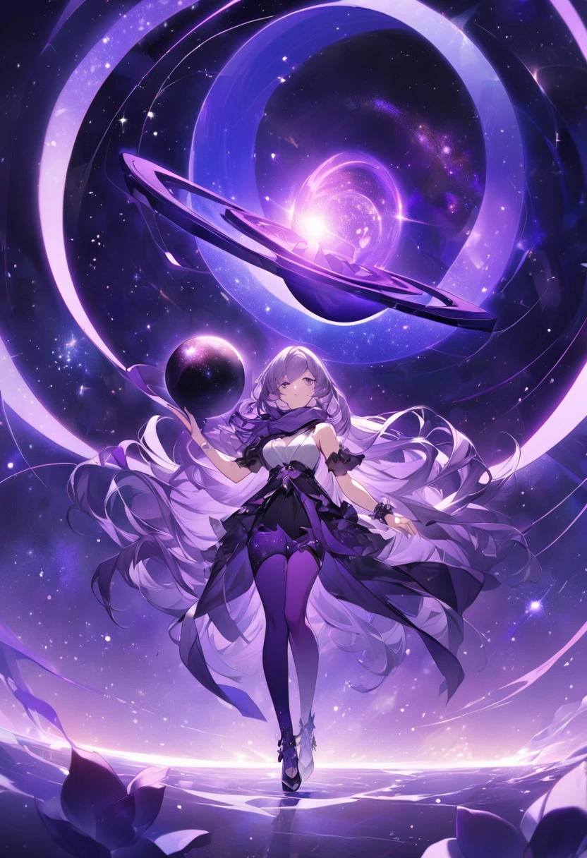 Extra long purple hair,Purple Eyed Woman,She has a great figure in a black and purple tights,A purple scarf on the wrist,And holding a purple lotus and a purple-black hole,The background is purple, the universe and the starry sky