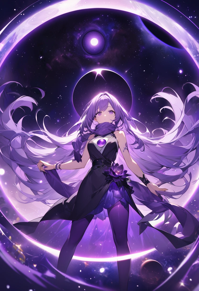 Extra long purple hair,Purple Eyed Woman,She has a great figure in a black and purple tights,A purple scarf on the wrist,And holding a purple lotus and a purple-black hole,The background is purple, the universe and the starry sky