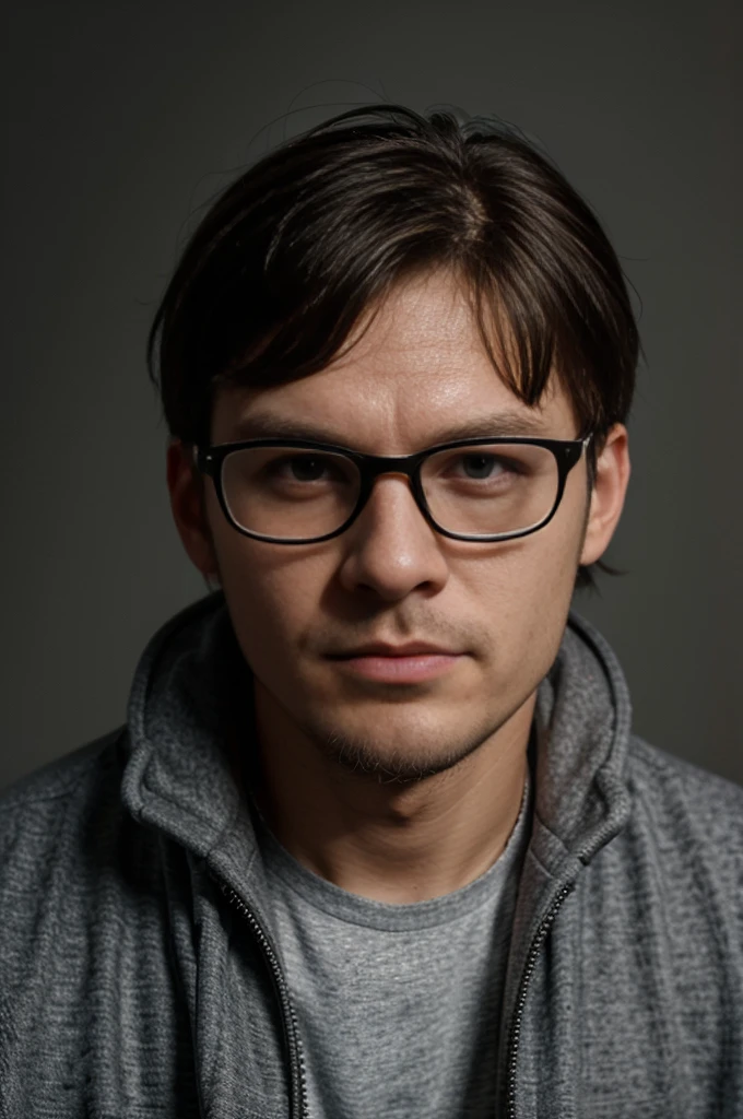 man,28 years , Slavic appearance,nationality Russian , developer,rectangular glasses with gray frames,wide jaw,casual style ,Pleasant facial features,black golf