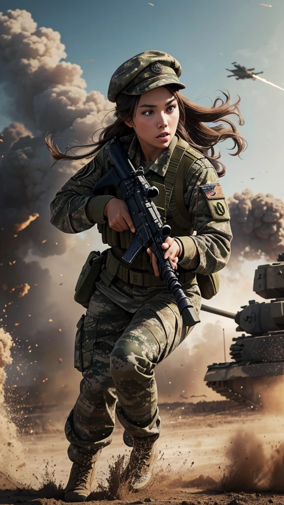 “Wallpaper featuring a glamorous woman in camouflage uniform and beret, with long brown hair tied back. Her face is dirty, and she is holding a machine gun with both hands, running through a battlefield. The background includes a tank, with fighter jets flying in the sky. The image should be highly detailed and cinematic.”