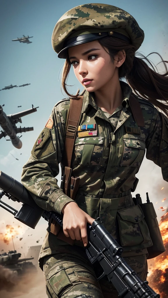 “Wallpaper featuring a glamorous woman in camouflage uniform and beret, with long brown hair tied back. Her face is dirty, and she is holding a machine gun with both hands, running through a battlefield. The background includes a tank, with fighter jets flying in the sky. The image should be highly detailed and cinematic.”