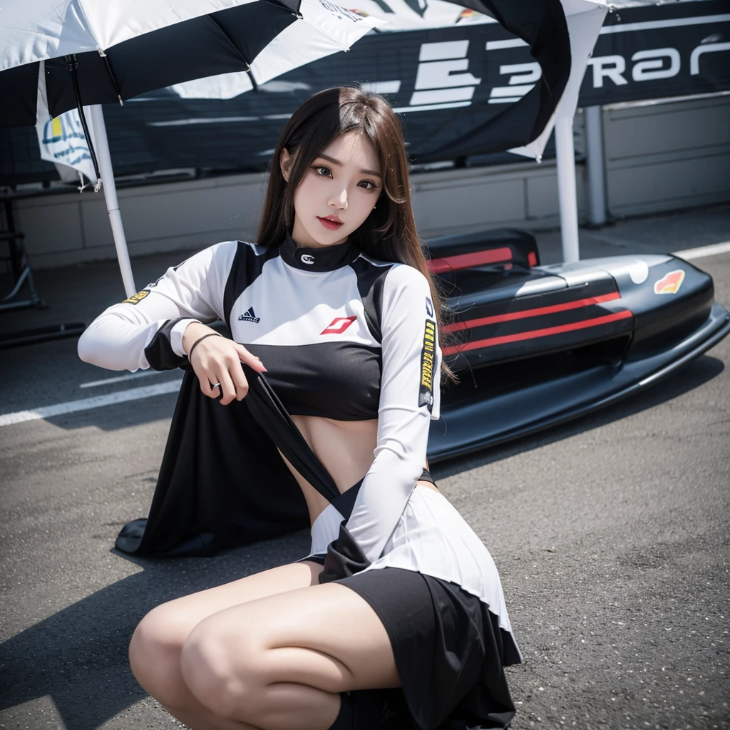 Cool woman、Colorful costumes、F1 Driver Cosplay、Colorful costumes、Clothing with company logo、Grid Girlsのカラフルで派手な衣装、Grid Girls、Perfect Face、Paddock Girls、Harem、motor Show、tights、Bodycon Costumes、Grid Girls、Russia、Grid Girlsのコスプレ、belly button、Pleated skirt、Bodycon Costumes、Photographed in a sexy pose