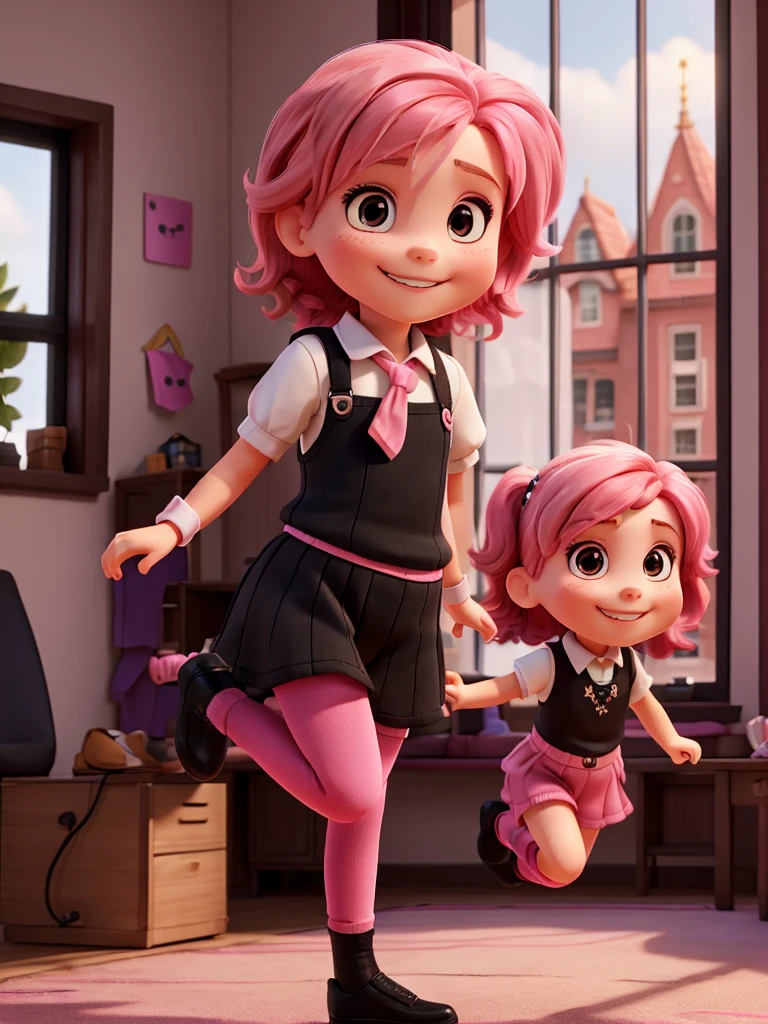 Young girl with pink hair, wearing black gloves, smiling, kicking rock into window