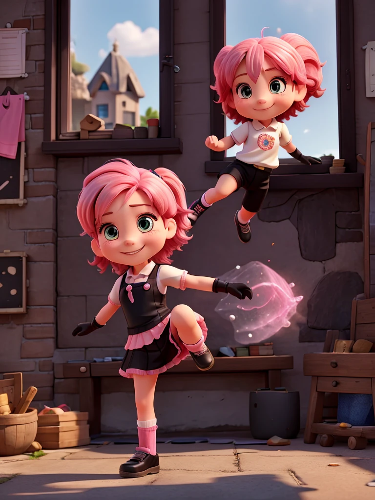 Young girl with pink hair, wearing black gloves, smiling, kicking rock into window