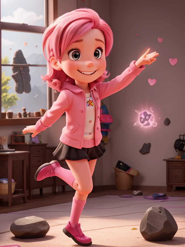 Young girl with pink hair, wearing black gloves, smiling, kicking rock into window