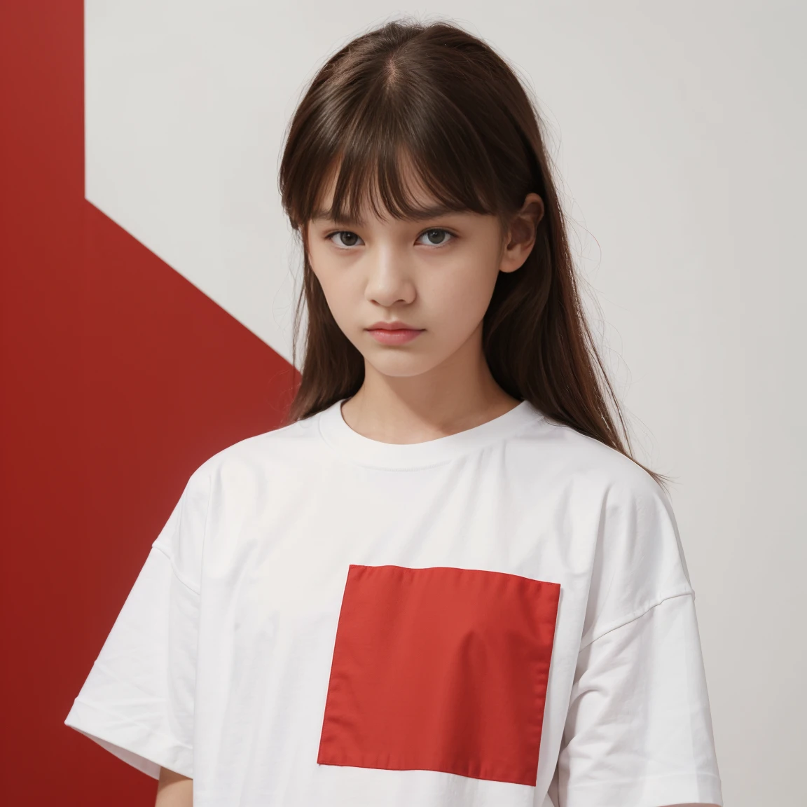 white oversize t-shirt,10year old, all red color background,balenciaga concept fashion photo, Paris
