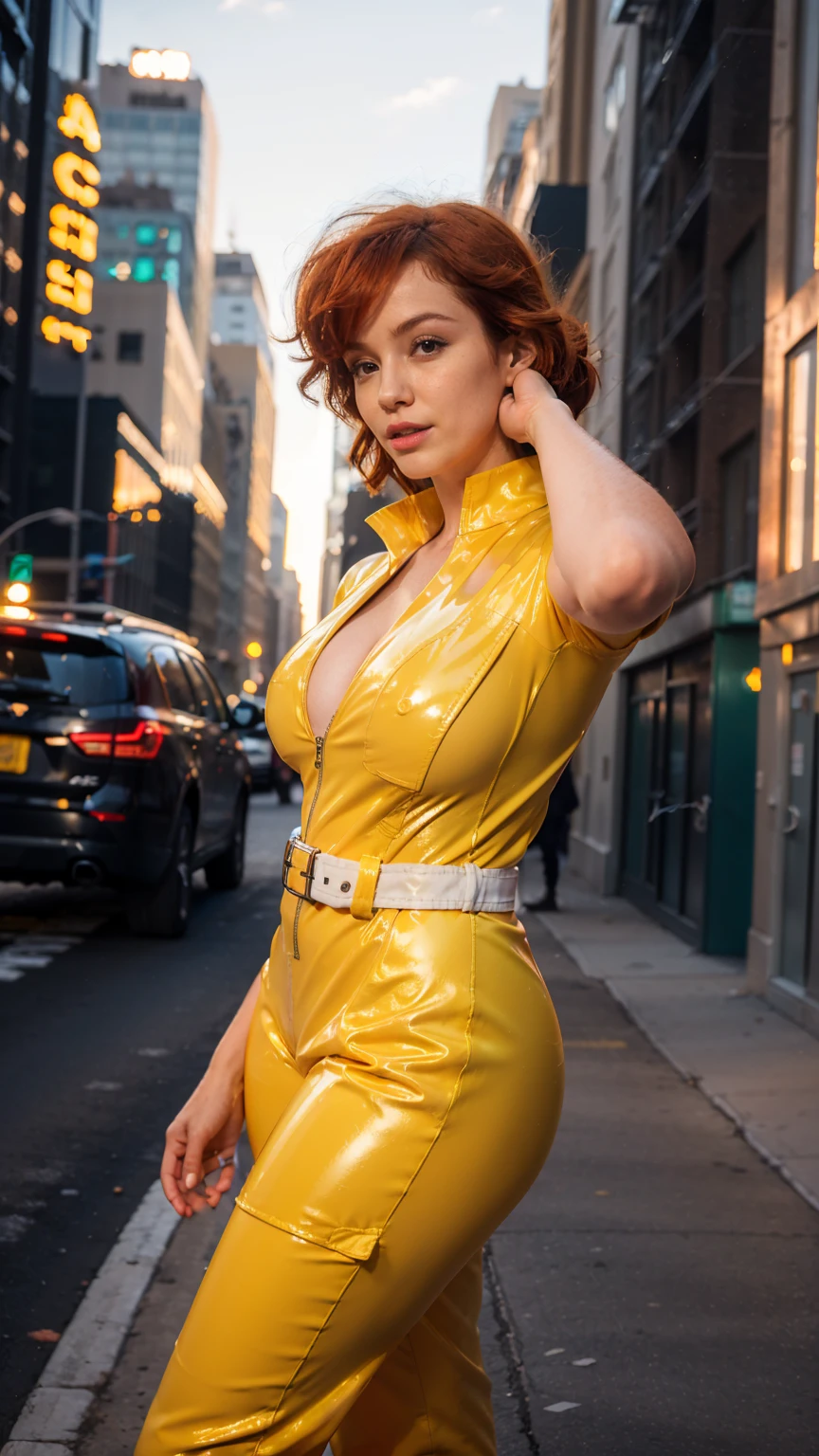 (masterpiece), (best quality), (solo character), (large breasts), (photorealistic:1.4), (chr1sh3n wearing white belt), (apriloneil costume, jumpsuit), (yellow latex jumpsuit), (apriloneil hairstyle), (apriloneil white belt), (apriloneil boots), (aprilonei wearing watch), (epiCRealLife), (lora:epiCFlashPhoto), (red hair), (red lipstick), (brown eyes), (young woman), (flashphoto),  (sunset), (new york city view), (traffic light) (alleyway), (outdoor), (photoshoot poses)