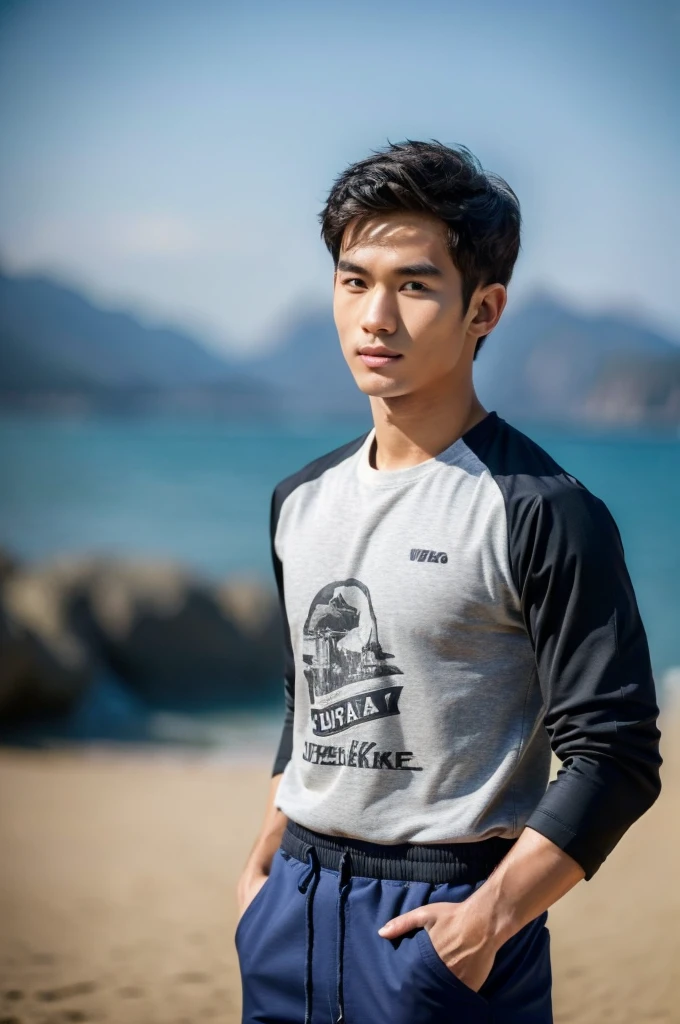 ((Highest quality, 8K, Masterpiece:1.3)),Thailand Laos Burma Asia,Thai man buzz haircut,A handsome Asian sport short hair,a muscular beard,and big muscles.,1A man who has,yo,Good appearance,Beautiful nose,Detailed eyes and face,beautiful light,(studio),high resolution,(Look at the viewer.),Fine mouth,whole body:1.5,perfect shape:1.3,Picture of both shoulders:1.3,(t-shirt:1.2),black cargo pants,wristband,landscape,(The background is Bokeh:1.2),on the sea,(open_jacket:1.4),