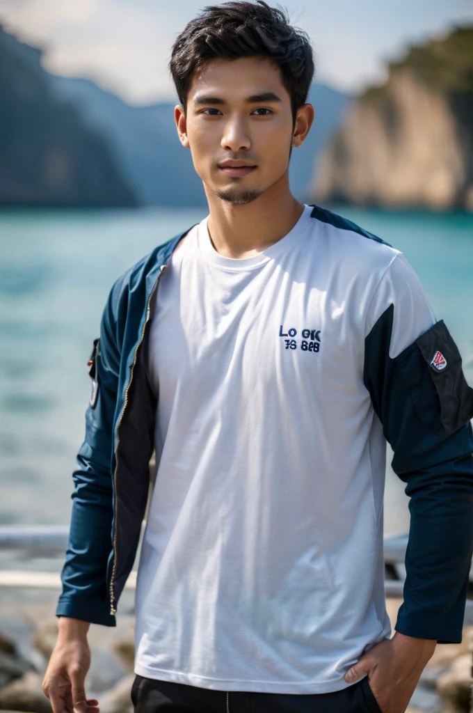 ((Highest quality, 8K, Masterpiece:1.3)),Thailand Laos Burma Asia,Thai man buzz haircut,A handsome Asian sport short hair,a muscular beard,and big muscles.,1A man who has,yo,Good appearance,Beautiful nose,Detailed eyes and face,beautiful light,(studio),high resolution,(Look at the viewer.),Fine mouth,whole body:1.5,perfect shape:1.3,Picture of both shoulders:1.3,(t-shirt:1.2),black cargo pants,wristband,landscape,(The background is Bokeh:1.2),on the sea,(open_jacket:1.4),