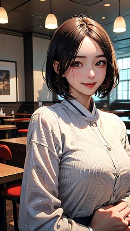 (Masterpiece:1.21),(FHD),(16K),(Top Quality:1.24),(Super Resolution),(Superb Illustration),(Best Shadow),(High Quality),(Super Detail:1.15),(Super Detail), Superb Detail, Elaborate, Beautiful, Absurd, 1 Woman, Japanese Woman,(Housewife:1.5),(40 Years Old:1.3),(Attractive Mature Woman:1.66),(Middle Age:1. 49),(Small Round Face:1,19),(medium build,shiny skin,fine skin,fine face,beautiful breast,big breast,retinal detail,big eye,twinkle eye),((graduated haircut)),(((cafe interior,in room))),(laugh:1.4)