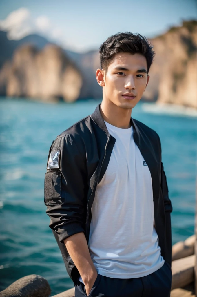  ((Highest quality, 8K, Masterpiece:1.3)),Thailand Laos Burma Asia,Thai man buzz haircut,A handsome Asian sport  short hair,a muscular beard,and big muscles.,１A man who has,yo,Good appearance,Beautiful nose,Detailed eyes and face,beautiful light,(studio),high resolution,(Look at the viewer.),Fine mouth,whole body:1.5,perfect shape:1.3,Picture of both shoulders:1.3,(t-shirt:1.2),black cargo pants,wristband,landscape,(The background is  Bokeh:1.2),on the sea,(open_jacket:1.4),