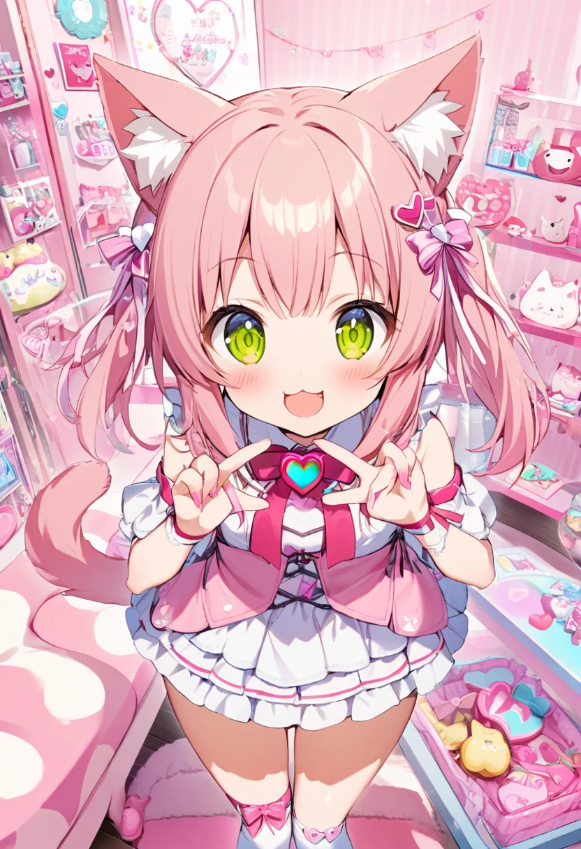 One Girl,Cat girl,Animal tail,Show Viewer,smile,peace sign,Cute pink room,Heart Items,ribbon,Are standing,Little