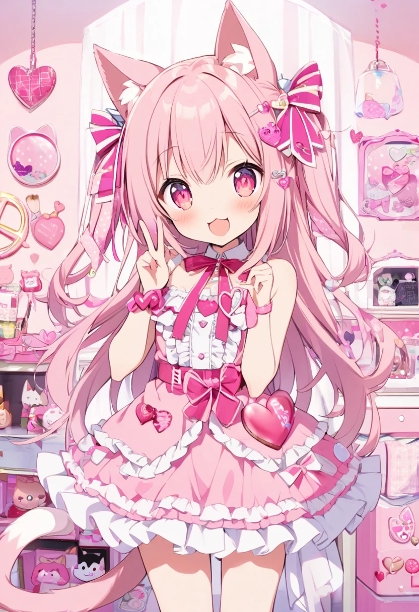 One Girl,Cat girl,Animal tail,Show Viewer,smile,peace sign,Cute pink room,Heart Items,ribbon,Are standing,Little