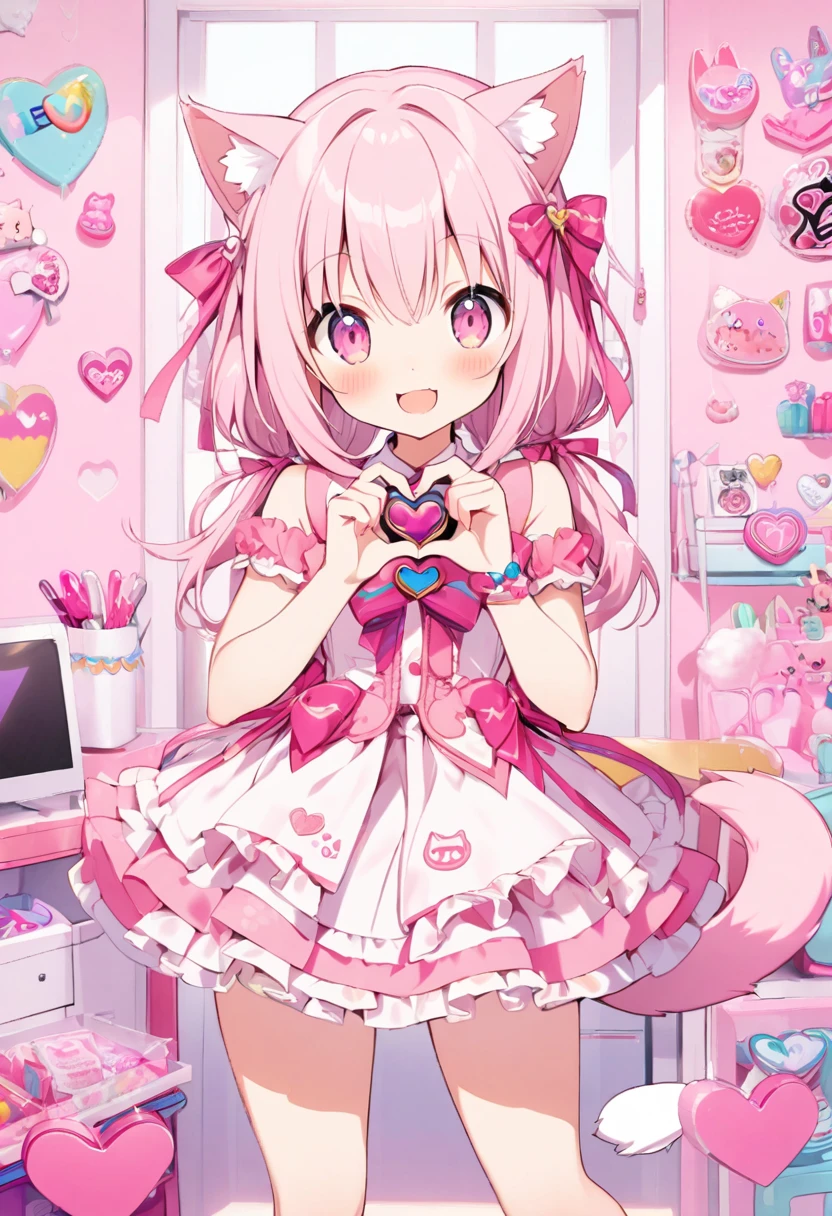 One Girl,Cat girl,Animal tail,Show Viewer,smile,peace sign,Cute pink room,Heart Items,ribbon,Are standing,Little