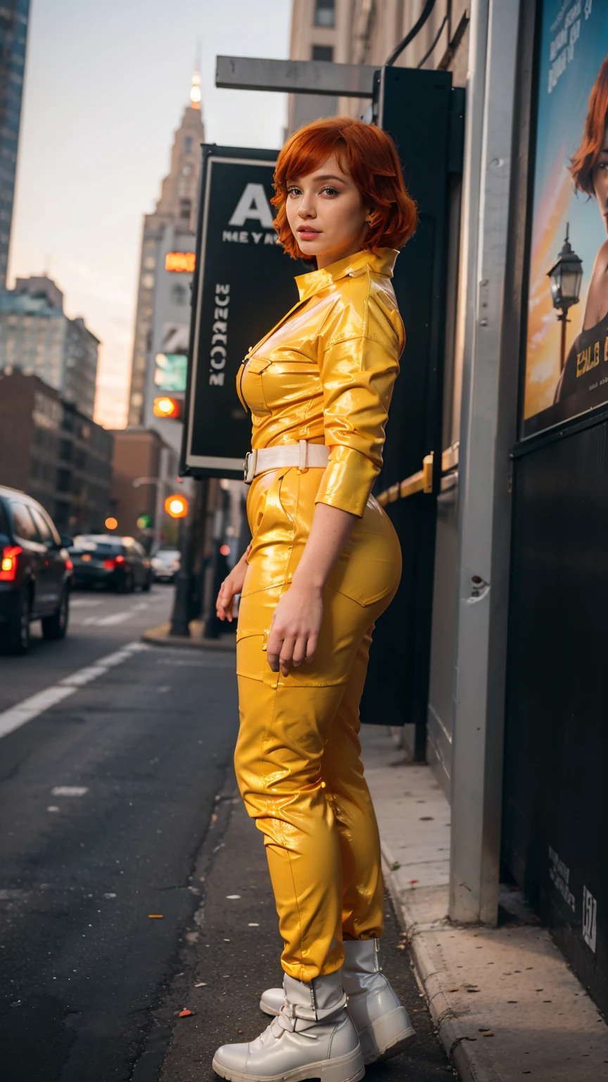 (masterpiece), (best quality), (solo character), (large breasts), (photorealistic:1.4), (chr1sh3n wearing white belt), (apriloneil costume, jumpsuit), (yellow latex jumpsuit), (apriloneil hairstyle), (apriloneil white belt), (apriloneil boots), (aprilonei wearing watch), (epiCRealLife), (lora:epiCFlashPhoto), (red hair), (red lipstick), (brown eyes), (young woman), (flashphoto), (sunset), (new york city view), (traffic light) (alleyway), (outdoor), (movie poster)