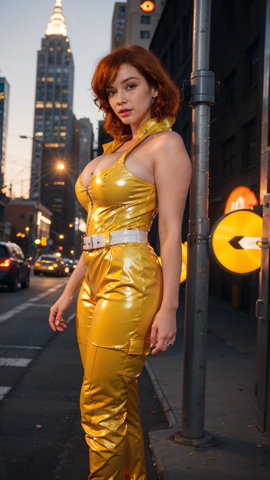 (masterpiece), (best quality), (solo character), (large breasts), (photorealistic:1.4), (chr1sh3n wearing white belt), (apriloneil costume, jumpsuit), (yellow latex jumpsuit), (apriloneil hairstyle), (apriloneil white belt), (apriloneil boots), (aprilonei wearing watch), (epiCRealLife), (lora:epiCFlashPhoto), (red hair), (red lipstick), (brown eyes), (young woman), (flashphoto), (sunset), (new york city view), (traffic light) (alleyway), (outdoor), (movie poster)