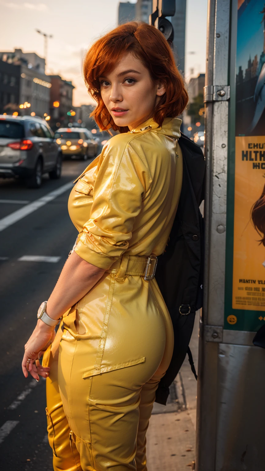 (masterpiece), (best quality), (solo character), (large breasts), (photorealistic:1.4), (chr1sh3n wearing white belt), (apriloneil costume, jumpsuit), (yellow latex jumpsuit), (apriloneil hairstyle), (apriloneil white belt), (apriloneil boots), (aprilonei wearing watch), (epiCRealLife), (lora:epiCFlashPhoto), (red hair), (red lipstick), (brown eyes), (young woman), (flashphoto), (sunset), (new york city view), (traffic light) (alleyway), (outdoor), (movie poster)