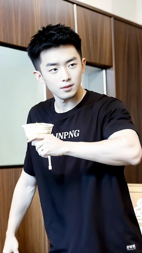 Korean man, Inspiration from Peng Yuyan, 30 years old, 236 years old, Cute Korean Face, 35 yo, 33 year old Korean muscular man,Gym in the background, black t-shirt