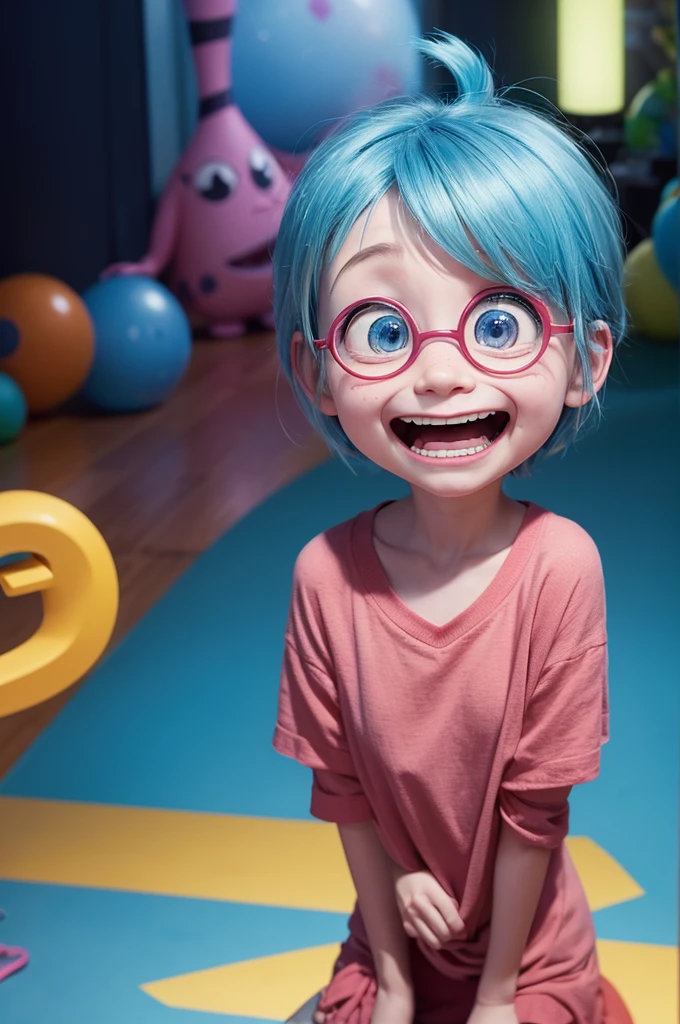 I want a photo of an emotion from the movie Inside Out, happy by Pixar, sad, happy and at the same time scared of everything 