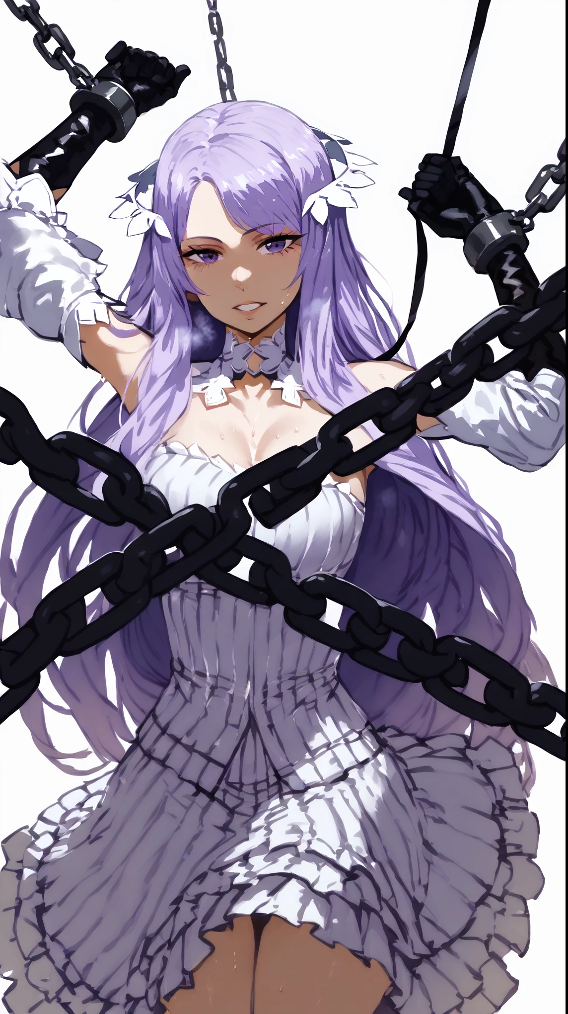 score_9, score_8_up, score_7_up, score_6_up, uncensored, quinella, absurdly purple hair, long hair, hair ornament, purple eyes, sweating, BREAK (masterpiece:1.2), best quality, high resolution, (detailed eyes:1.3), perfect lighting, (perfect hands, perfect anatomy), (small breasts:1.3), chain, chained, cuffs, shackles, handcuffs, broken_chain, restrained,  bound, bdsm, 1girl, anchor, broken, bondage, swing, flail, sickle, lock, solo, collar, rating:questionable, hollow eyes, expressionless, teeth, leash