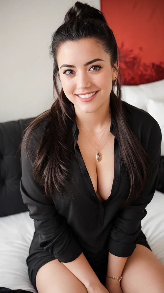 from top view, extreme close up photo of sexy latina, big cheeks, hourglass figure, swooping breasts, seducing on mountains, ponytail, necklace, sultry, seductive eyes, look at viewer and subtle smile, (cinematic:1.3), arafed woman sitting on a bed with a black shirt on, 18 years old, 21 years old, 2 , angelawhite, posing in a bedroom, she is about 20 years old, she is about 2 0 years old, sitting on the bed, photo taken in 2 0 2 0, 1 6 years old