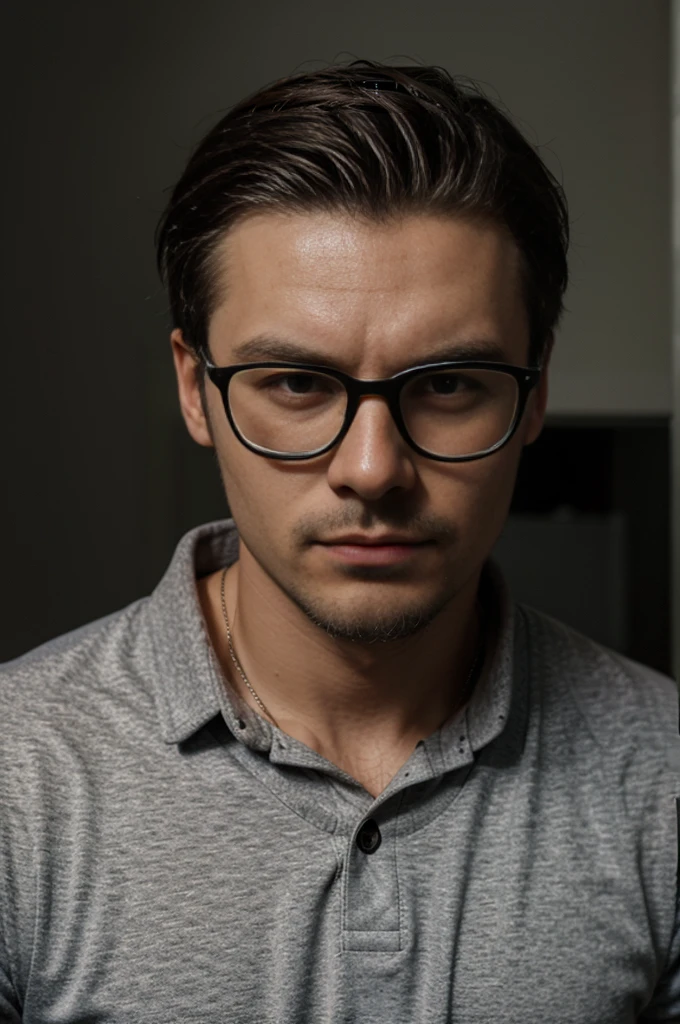 man,28 years , Slavic appearance,nationality Russian , developer,rectangular glasses with gray frames,wide jaw,casual style ,rough facial features,black golf