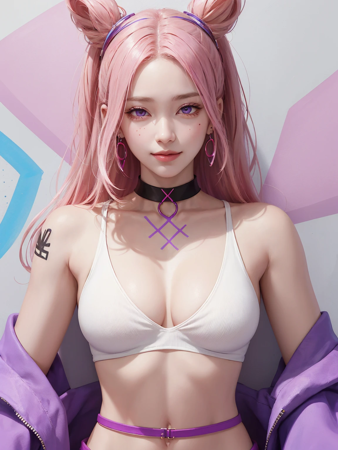 (Masterpiece, best quality, 1 girl, alone, complicated details, Chromatic aberration), realistic, ((Moderate breath)),long hair, pink hair, Red headpiece, Pink Highlights, hair on one eye,purple eyes, earring, sharp eyes, choker, Neon coat, She wears a collar, bangle, and kimono style garters., crop top, (symmetrical eyes),(Perfect symmetrical body),against the wall, Brick wall, (colorful graffiti words on the wall:1.2), The light is dim., alley ,Look at the viewer.、Dig the chest、smile、(sleeveless、Navel touch、Fitted turtleneck.)、street string hot pants、Thin bottom、Please build above the eaves..、Thin shoulders、