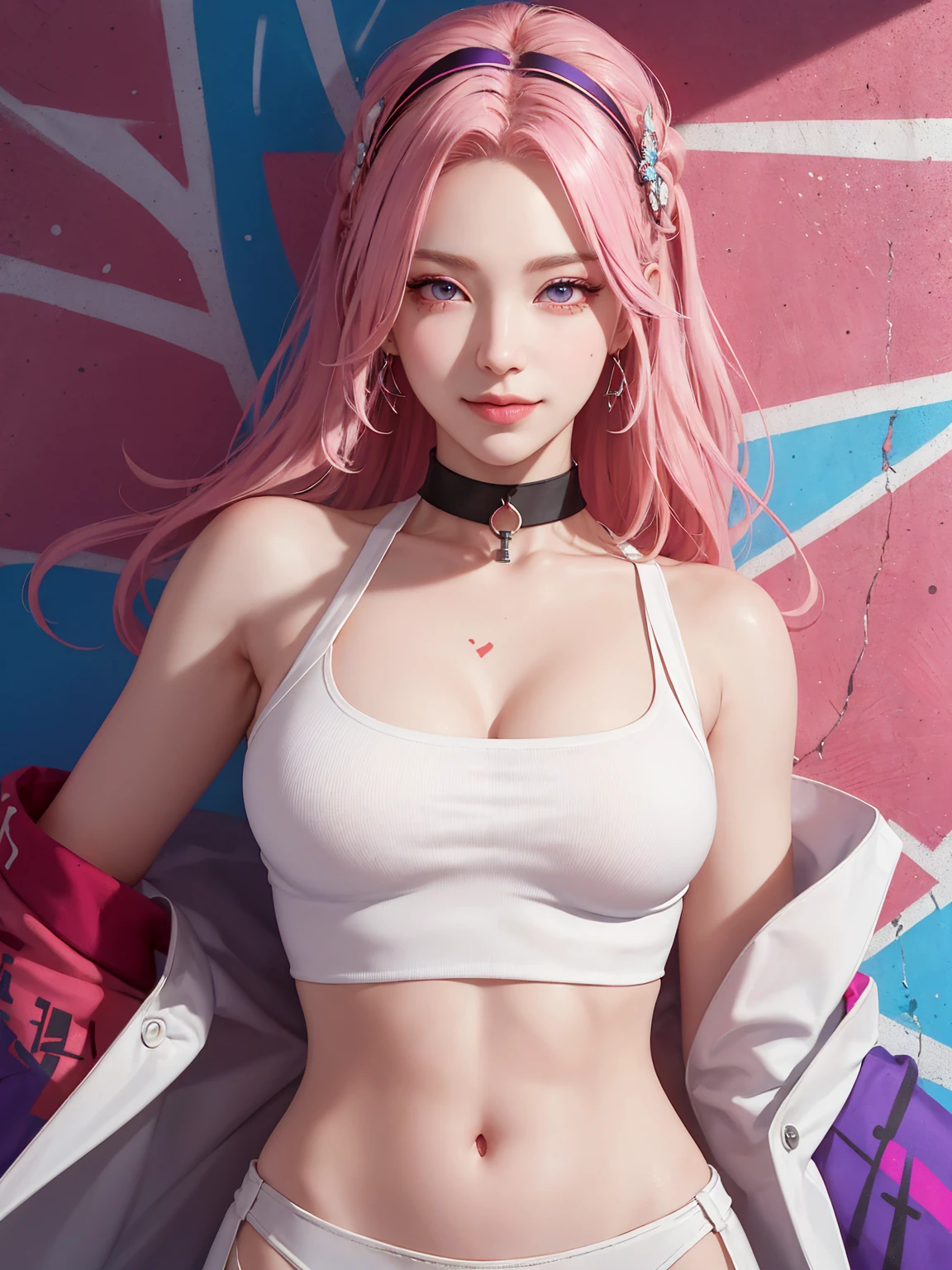 (Masterpiece, best quality, 1 girl, alone, complicated details, Chromatic aberration), realistic, ((Moderate breath)),long hair, pink hair, Red headpiece, Pink Highlights, hair on one eye,purple eyes, earring, sharp eyes, choker, Neon coat, She wears a collar, bangle, and kimono style garters., crop top, (symmetrical eyes),(Perfect symmetrical body),against the wall, Brick wall, (colorful graffiti words on the wall:1.2), The light is dim., alley ,Look at the viewer.、Dig the chest、smile、(sleeveless、Navel touch、Fitted turtleneck.)、street string hot pants、Thin bottom、Please build above the eaves..、Thin shoulders、
