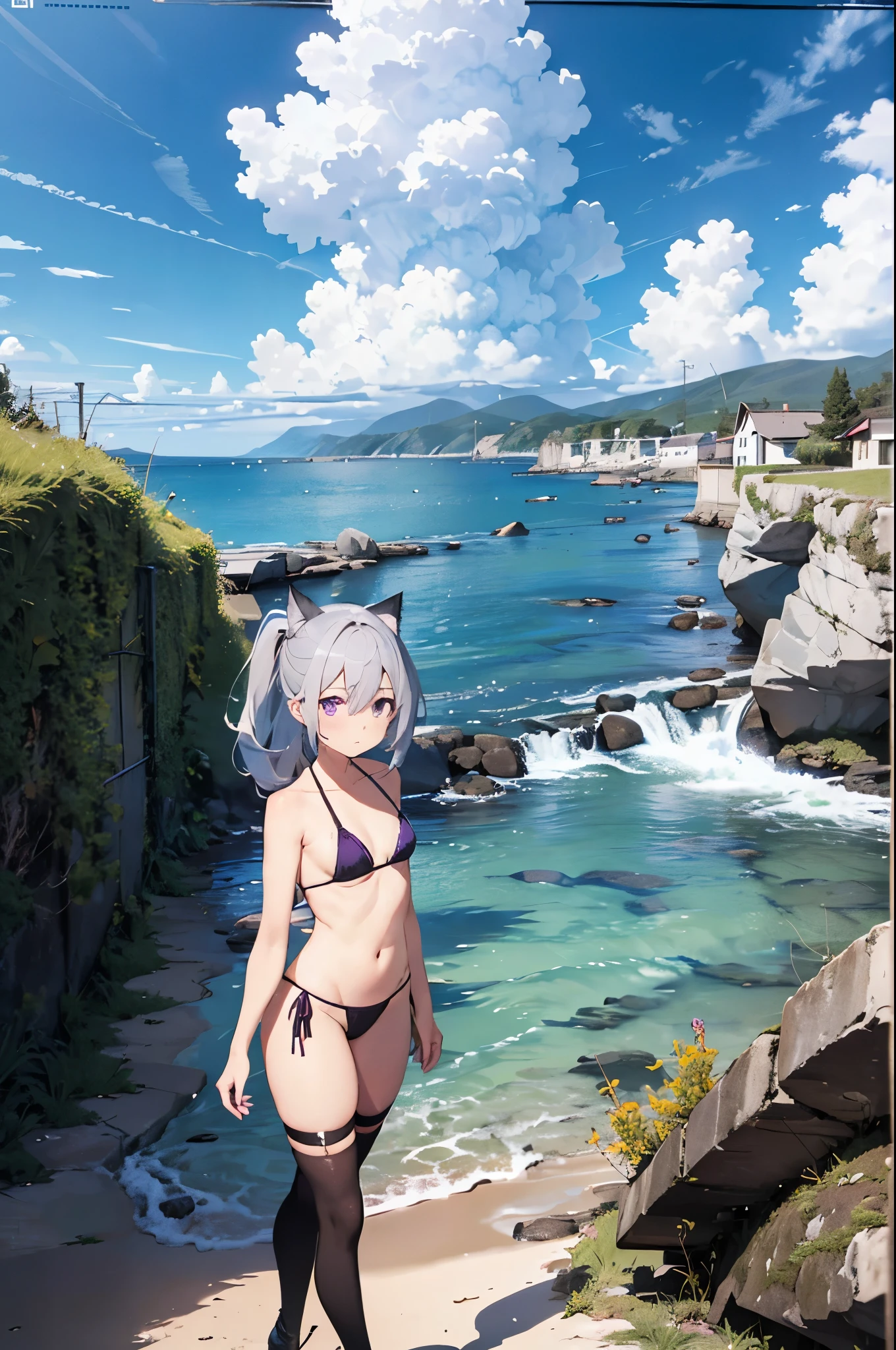 Movie angle, Depth of written boundary, (Looking at the audience), (right foreground: 1), (Standing photo: 1),
Cat ear girl, (alone),Blue Hair,(White skin:1), (Curvaceous:1.2), (Wide Hips:1.1), Cat ear girl,
(Beautiful Coast Background), (Coast Background: 1.4), (Coast Background: 1.4),
(Red clothes), (Bare shoulders, Red Micro Bikini), (Thong Panties: 1.2), Thigh-high boots,
(ponytail, Hair between the eyes), (Silver Hair), (Purple eyes), (Flat Chest: 1.2),
Expressionless, Stunned, sleepy,
Wakame seaweed, Wakame seaweed, Wakame seaweed, Wakame seaweed, Wakame seaweed, Wakame seaweed, Wakame seaweed, Wakame seaweed