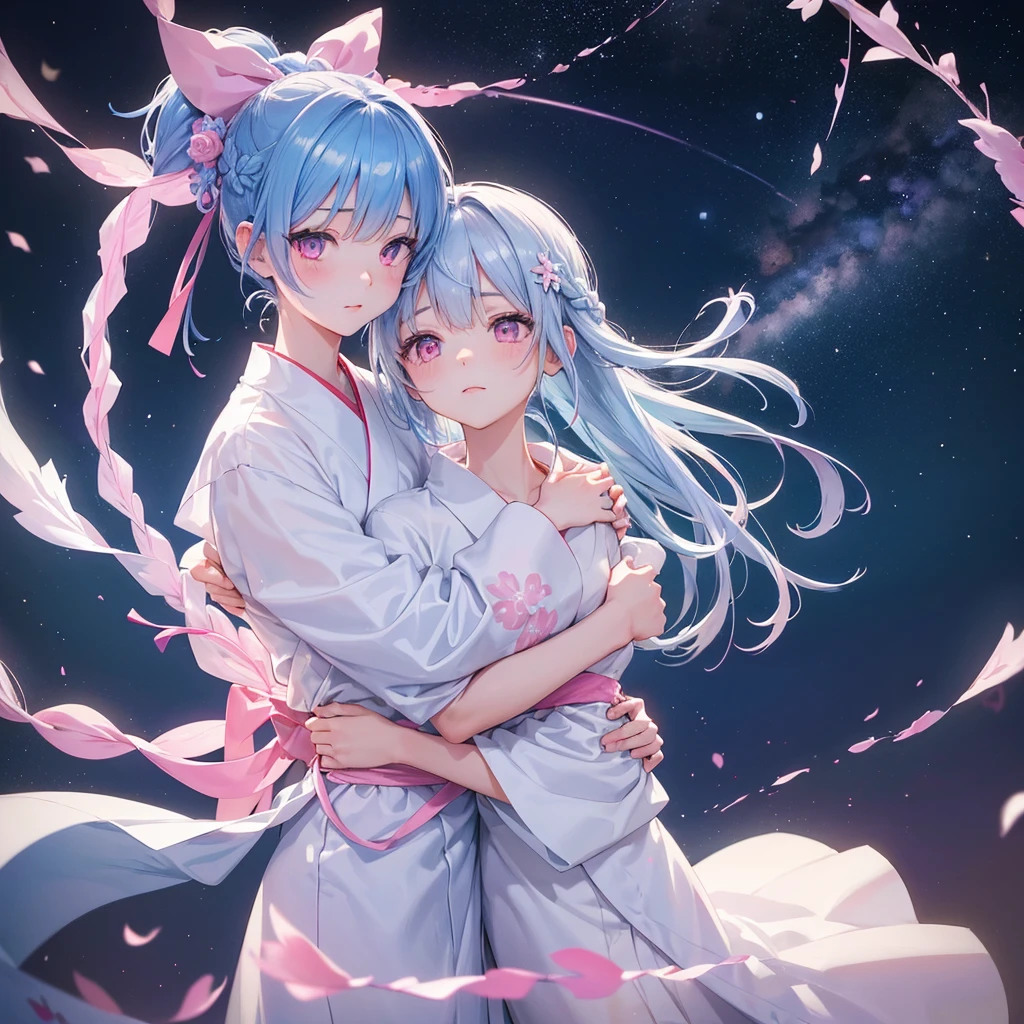 Sky blue hair, (One braided ponytail),(Pink Eyes),Fair skin ,(whole body),(One girl),White yukata,Tanabata,(The Milky Way in the night sky),Hollow Eyes,Blushing,Straight bangs,,Wedding dress,(masterpiece, Highest quality, Very detailed, Best Shadow), (Detailed Background), (Beautifully detailed face), High Contrast, (Best lighting, Very delicate and beautiful), ((Cinematic Light)), colorful, Hyper Detail, Dramatic Light, Intricate details,Hug Pose,