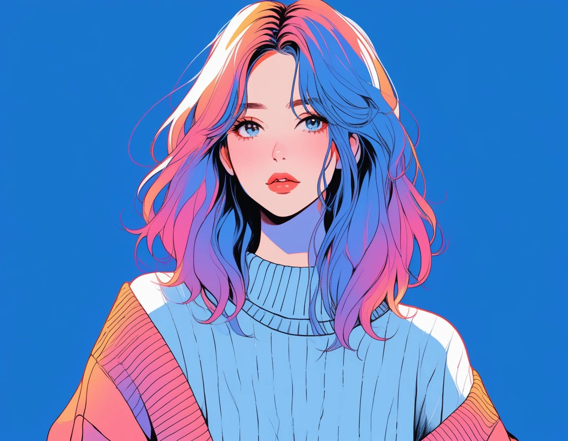 Illustrator, anime , Realistic ,sketch , 1 Girl, ,lip, sweater,order, Blue gradient background, Neon Hair,Textured Trim, Canadian, (masterpiece,Highest quality)