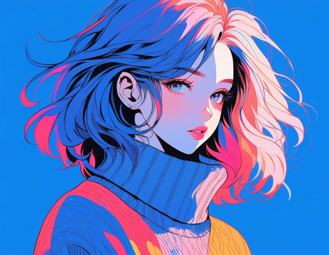 Illustrator, anime , Realistic ,sketch , 1 Girl, ,lip, sweater,order, Blue gradient background, Neon Hair,Textured Trim, Canadian, (masterpiece,Highest quality)