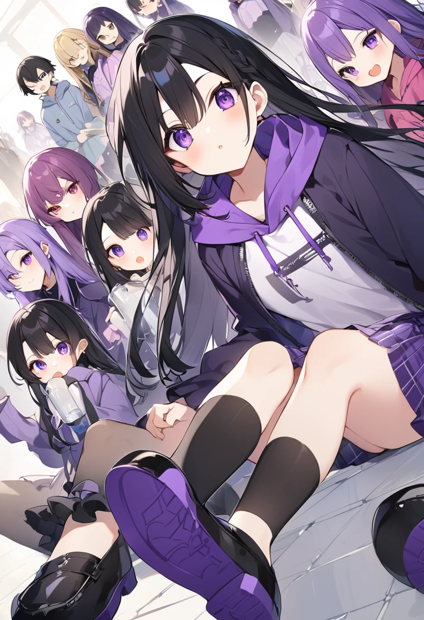 Keito。Purple Eyes。Purple Hair。Purple Skirt。Black shoes下。Black shoes。Purple hoodie。Keito。Purple Eyes。Black Hair。Purple Skirt。Black shoes下。Black shoes。Purple hoodie。long hair。5-people