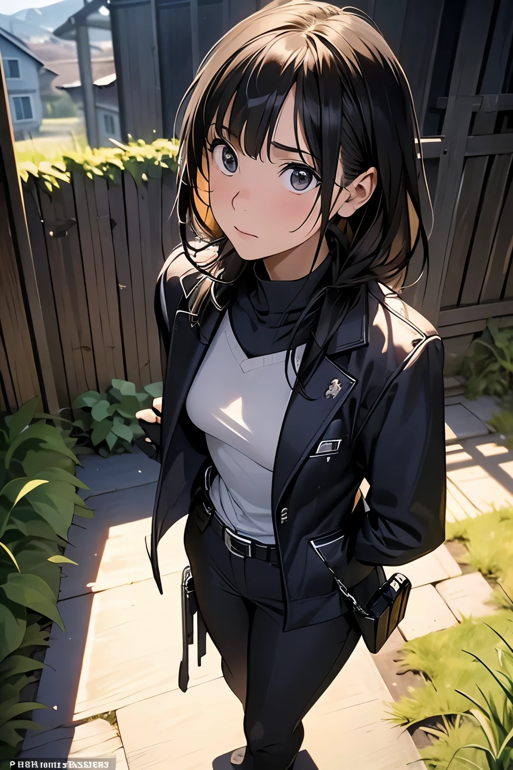 high quality, masterpiece, Ultra-high resolution, (realism: 1.4), Oil painting style, Cinema Lighting, An endless grassland dotted with a few houses, I stood on the empty asphalt road and looked at it., Fairy Mountain々was shrouded in mist, And the suspenders with the cranes flying Moderate breasts Small face holster Lying in bed Looking up Sweat belt summer 脇Sweat Black Hole Gloves suit shirt Black jacket Black trousers Leg Links ズボンにbelt holster Hands behind your back Anxious expression Looking up Anxious face profile Iron on the wrist Chain on wrist Handcuffs on wrists