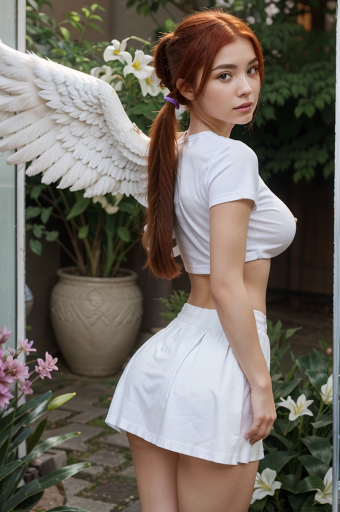 1 girl with red hair in a pigtail, facing the front of the screen, hair with many flowers, white skin, , big butt, purplort skirt and t-shirt, with angel wings, background Lily garden, standing and posing