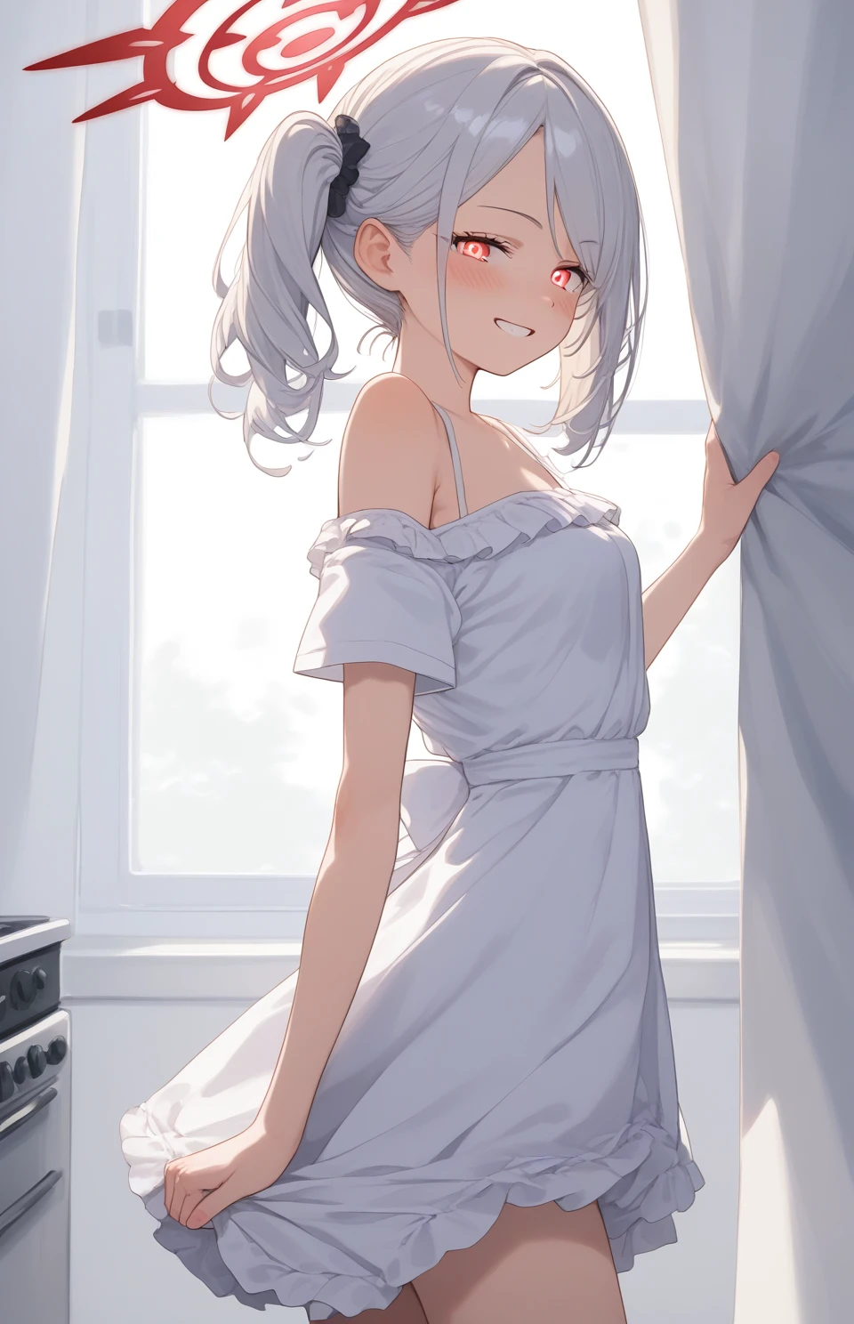 (score_9,score_8_up,score_7_up,score_6_up,score_5_up,score_4_up), (1girl, mutsuki, blue archive, solo, red eyes, white hair, side ponytail), (realistic face:0.9),(off-shoulder dress:1.8),dress lift, (grin, blush, thigh:1.3), (cowboy shot), (glowing eyes:1.1), (half closed eyes:0.9), (from side:2),(), (kitchen), expressive eyes, perfect face, 4k, extremely detailed anime illustration, extremely detailed eyes, perfect anatomy, light rays, extremely delicate body, smooth skin, (school background:1.5), clear eyes, beautiful face, small breasts,(anime style:1.5), (Chiaroscuro:1.5), (highres:2), In the kitchen, brightly lit by the morning sun, a woman in a white apron is smiling at us. In her right hand is a handful of rice balls, and in her left is a small white plate filled with salt. Her smile is as if she is saying, "Look, it's almost ready.