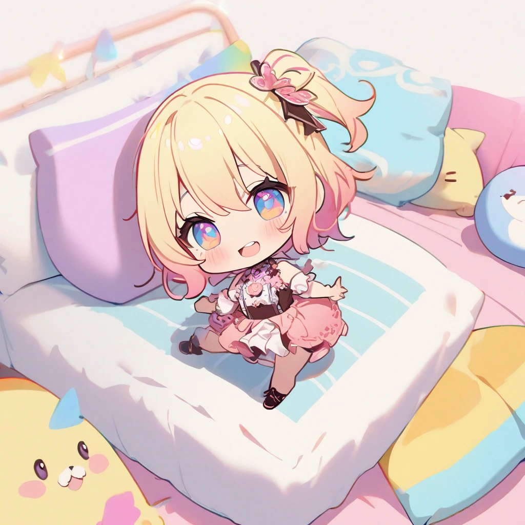 masterpiece、Highest quality、Depth of subject、((2D illustration))、1 beautiful girl、((colorful))、(((chibi style)))、((Long, beautiful hair))、Light blonde、ribbon、cute、Beautifully detailed eyes、Tank top、((mini skirt))、(((vivid color))、((bed))、stuffed toy、((full body shot))、((Very happy face))、((kitten))、((There's a lot of pink around))、((Lens flare))、White light is shining、My whole body was filled with light