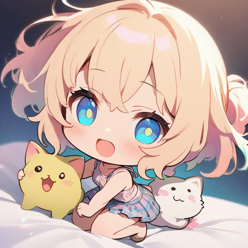masterpiece、Highest quality、Depth of subject、((2D illustration))、1 beautiful girl、((colorful))、(((chibi style)))、((Long, beautiful hair))、Light blonde、ribbon、cute、Beautifully detailed eyes、Tank top、((mini skirt))、(((vivid color))、((bed))、stuffed toy、((full body shot))、((Very happy face))、((kitten))、((There's a lot of pink around))、((Lens flare))、White light is shining、My whole body was filled with light
