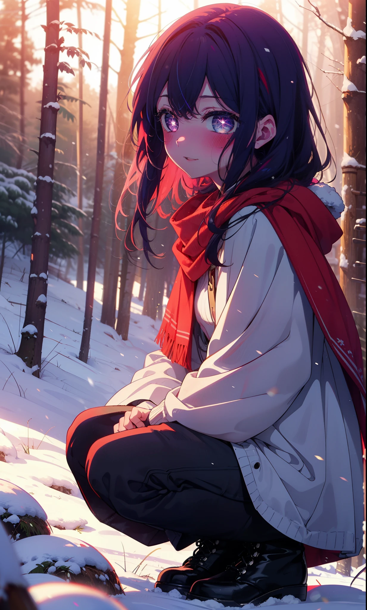 aihoshino, Ai Hoshino, Long Hair, bangs, (Purple eyes:1.1), Purple Hair, (Symbol-shaped pupil:1.5), smile,,smile,blush,White Breath,
Open your mouth,snow,Ground bonfire, Outdoor, boots, snowing, From the side, wood, suitcase, Cape, Blurred, , forest, White handbag, nature,  Squat, Mouth closed, Cape, winter, Written boundary depth, Black shoes, red Cape break looking at viewer, Upper Body, whole body, break Outdoor, forest, nature, break (masterpiece:1.2), Highest quality, High resolution, unity 8k wallpaper, (shape:0.8), (Beautiful and beautiful eyes:1.6), Highly detailed face, Perfect lighting, Extremely detailed CG, (Perfect hands, Perfect ???????),