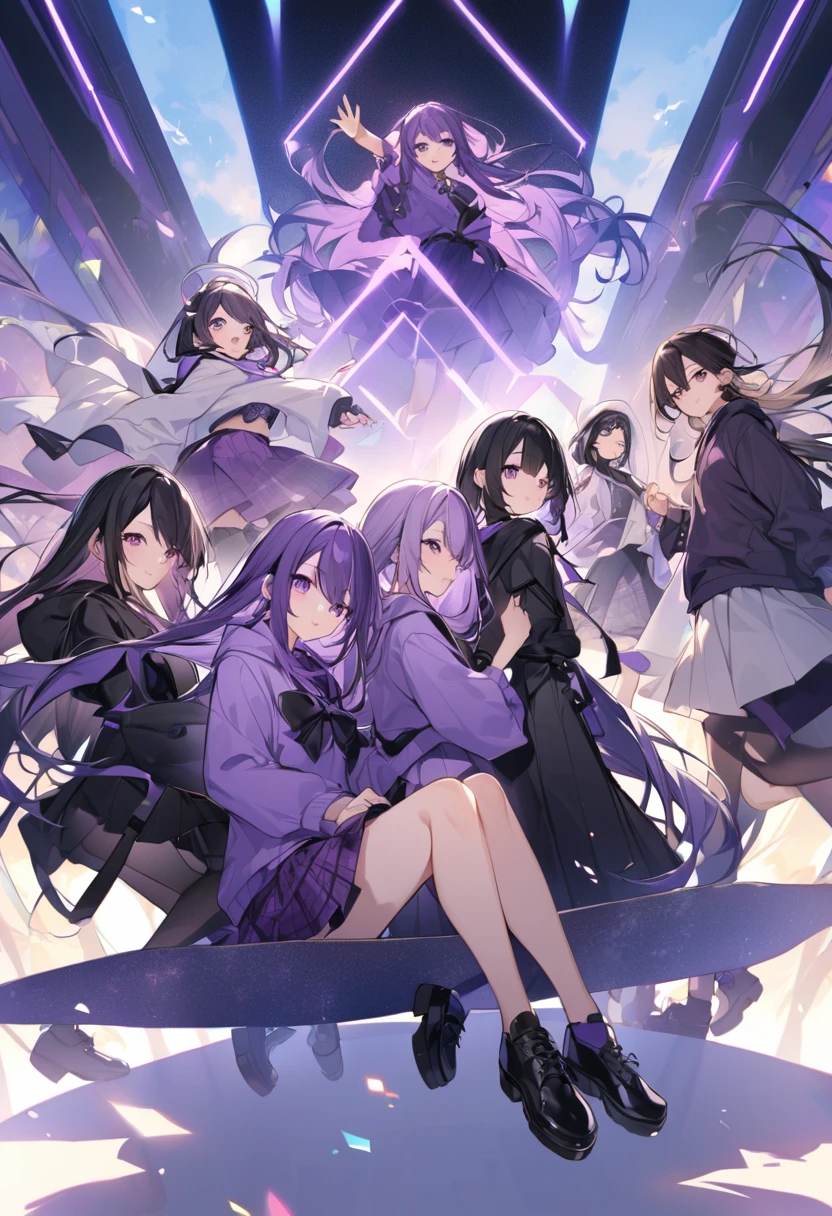 Keito。Purple Eyes。Purple Hair。Purple Skirt。Black shoes下。Black shoes。Purple hoodie。Keito。Purple Eyes。Black Hair。Purple Skirt。Black shoes下。Black shoes。Purple hoodie。long hair。5-people