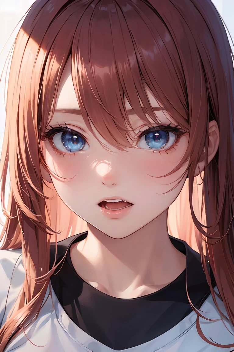 masterpiece, absurdres, best quality, ultra detailed, high Resolution, detailed illustration, bright colour, (extremely beautiful detailed face and eyes, Delicate beautiful face, 1 girl, cute face:1.3), (magenta eyes:1.1), sparkling eyes, big eyes, big breasts, (perky breasts:1.1), (pointy breasts:1.1), medium hips, glamorous body, white skin, BREAK, (blonde hair:0.8), messy hair, detailed hair, shiny hair, BREAK (down blouse, Tennis uniform:1.3), perfect lighting, (embarrassed:1.3), (ecstasy, vulgarity:1.5), (trembling:0.8), Tennis match,