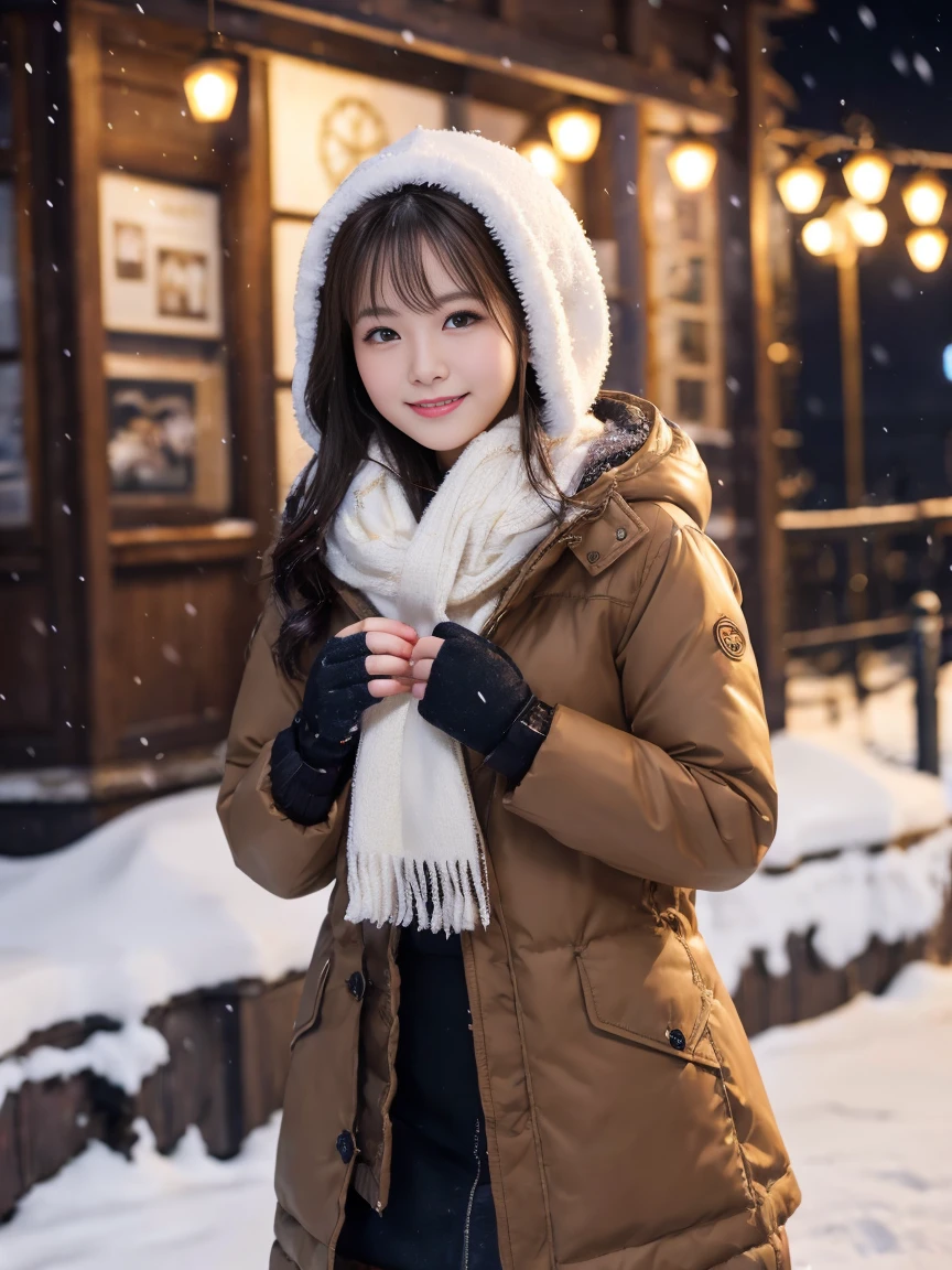 Winter street corner、A beautiful night view with falling snow as a backdrop、illumination shines、Remove the beam from above、In artificial light、Generate images of beautiful women from around the world、Especially while reflecting elements of Western beauty。A woman with a natural smile and attractive facial expression、Clear skin、Shining Eyes、Expressing a romantic atmosphere。alone、Down jacket、Scarf、Hooded parka、gloves、Snow boots、Silent snow、(8K quality、Tabletop、Highest quality、Ultra-high resolution output images)、(Highly detailed RAW photos:1.3)、(Picture Mode Ultra HD)