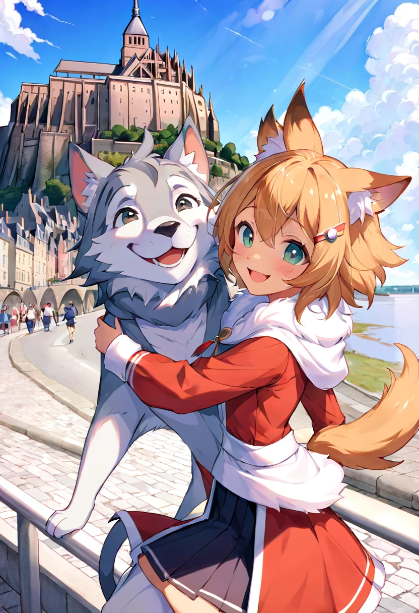 super high resolution, detailed background, Mont Saint-Michel et sa baie, boy, girl, Happy, joyful, absurdres(Photos of solo travelers)(kemono, furry anthro),